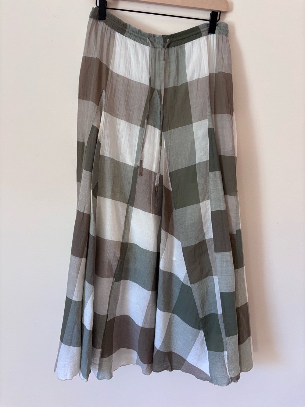 Coldwater Creek Olive, Taupe & White Striped gingham Maxi Skirt